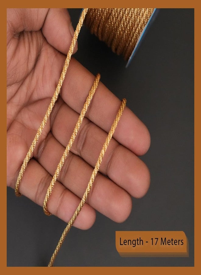 EmbroideryMaterial Golden Zari Trim Braided Macrame Cord Laces and Borders for Saree, Sewing, Embroidery, Edging, Border, Blouse, Dupatta Border, Lehenga, Kurti etc (17 Meters, 3MM Wide) - Image 3